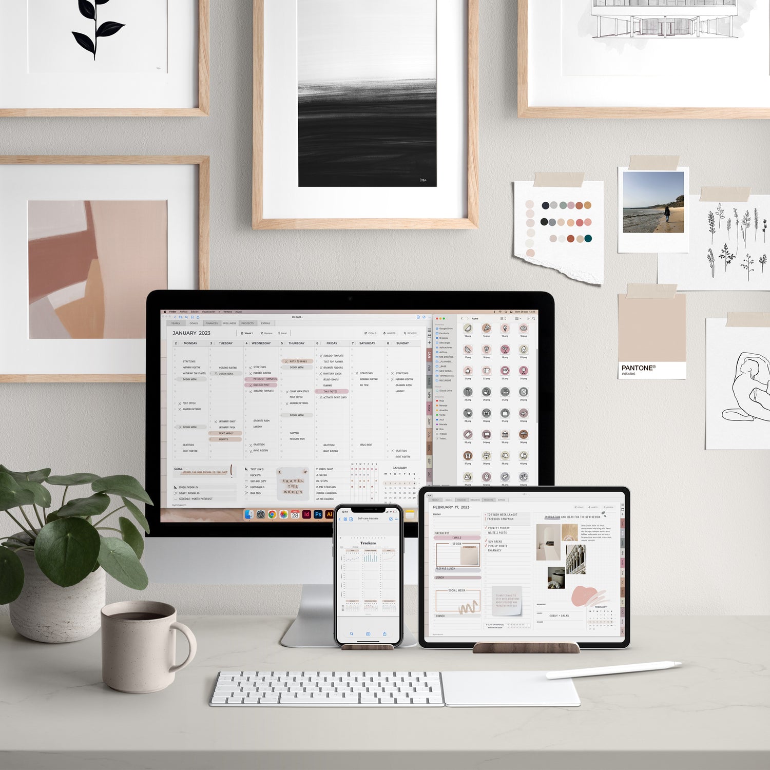 Digital planners shown in a computer, an iPad and an iPhone