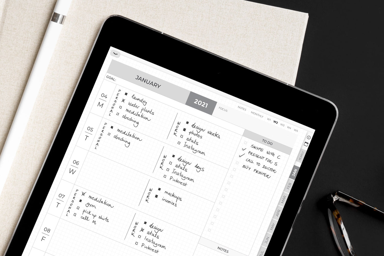 Minimalist digital weekly planner page on an iPad